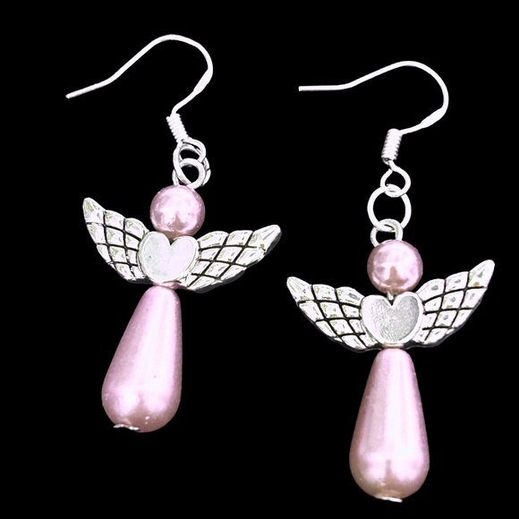 Hand Crafted Drop Earrings 3-D Articulating Angel Pink Pearl Silver Plate Wires - Picture 4 of 6